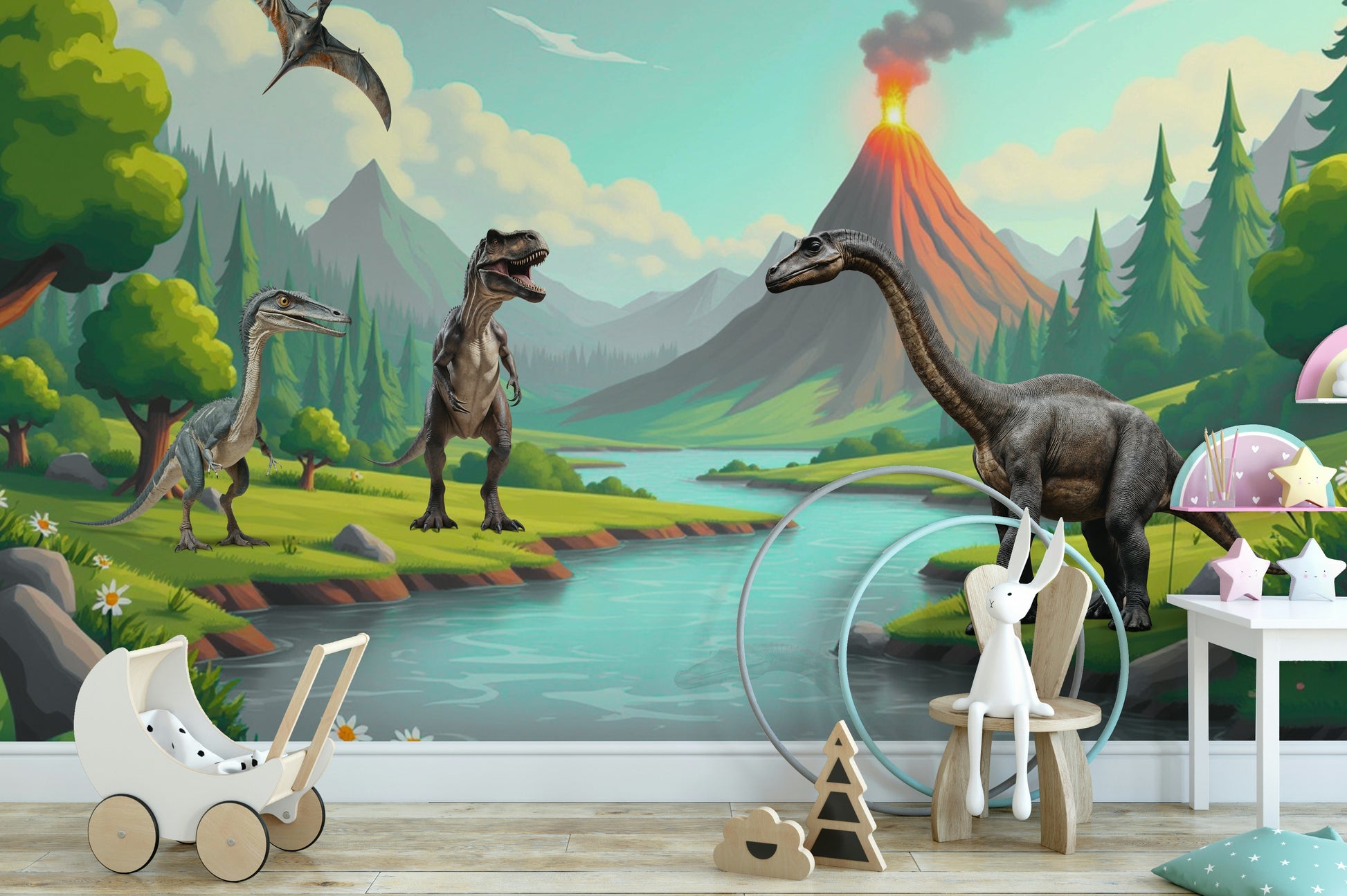 Scenic wallpaper with cartoon dinos and hills

