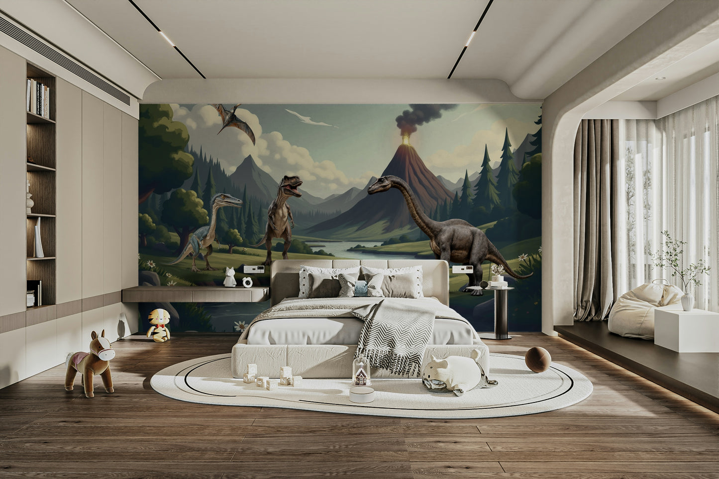 Wall decor showing a tranquil prehistoric view

