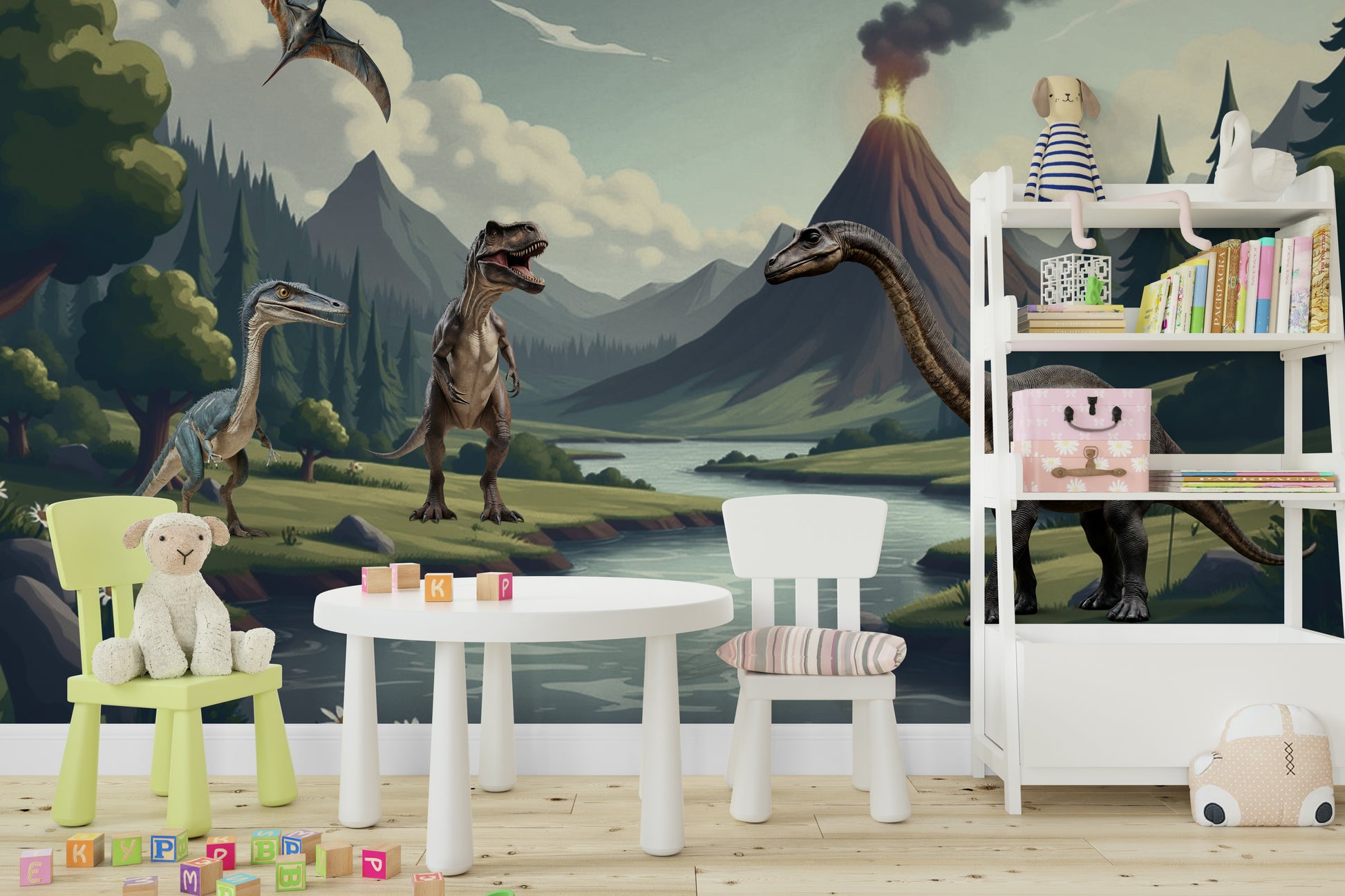 Wall mural with cartoon dinosaurs and a river

