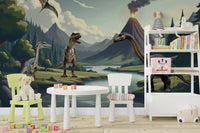 Wall mural with cartoon dinosaurs and a river


