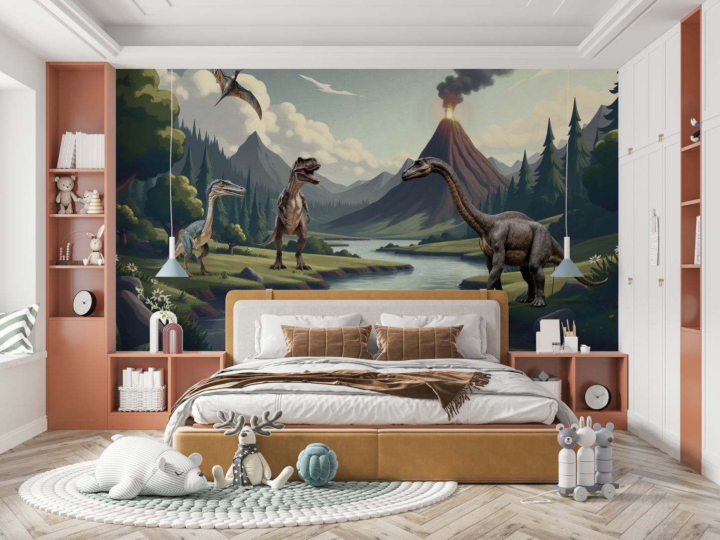 Serene valley scene with friendly dinosaurs

