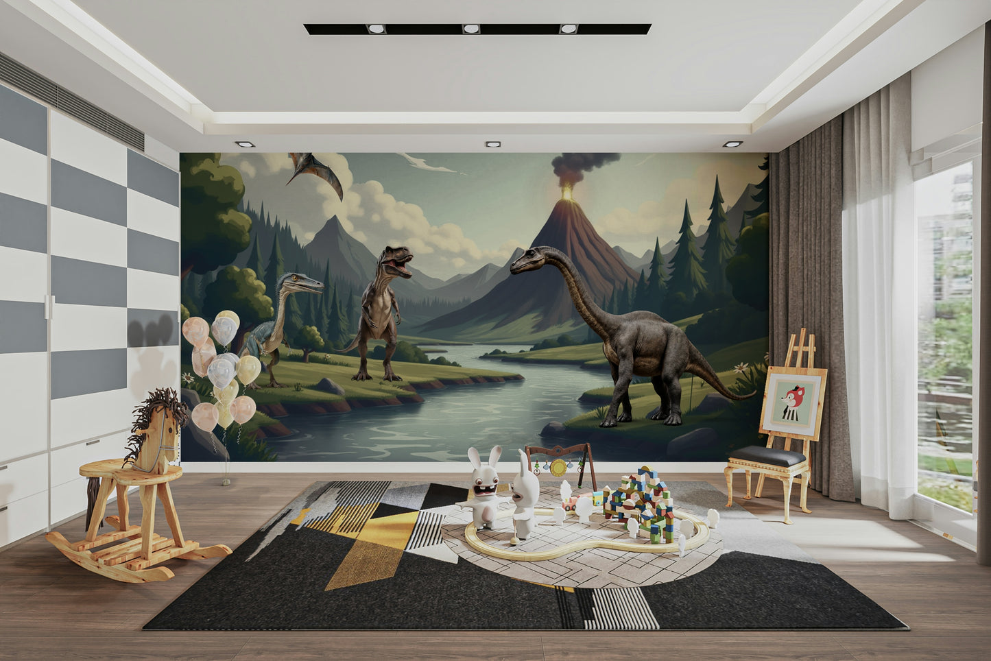 View of friendly dinosaurs and a playful river

