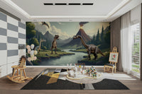 View of friendly dinosaurs and a playful river

