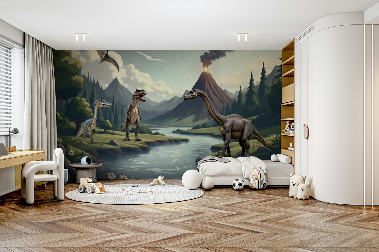 Mural wallpaper of a dino river valley

