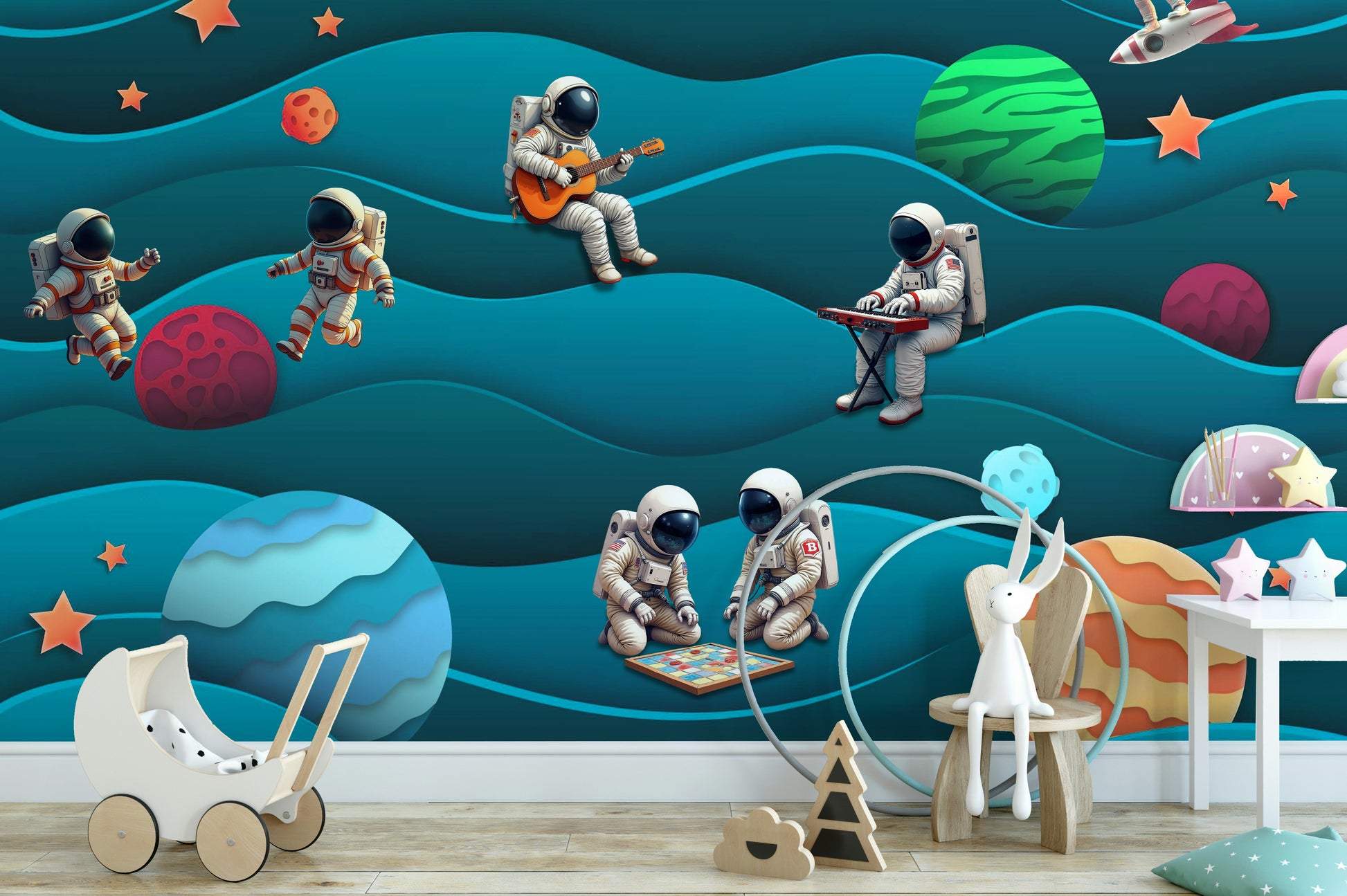 Scenic wallpaper with cartoon stars and moon

