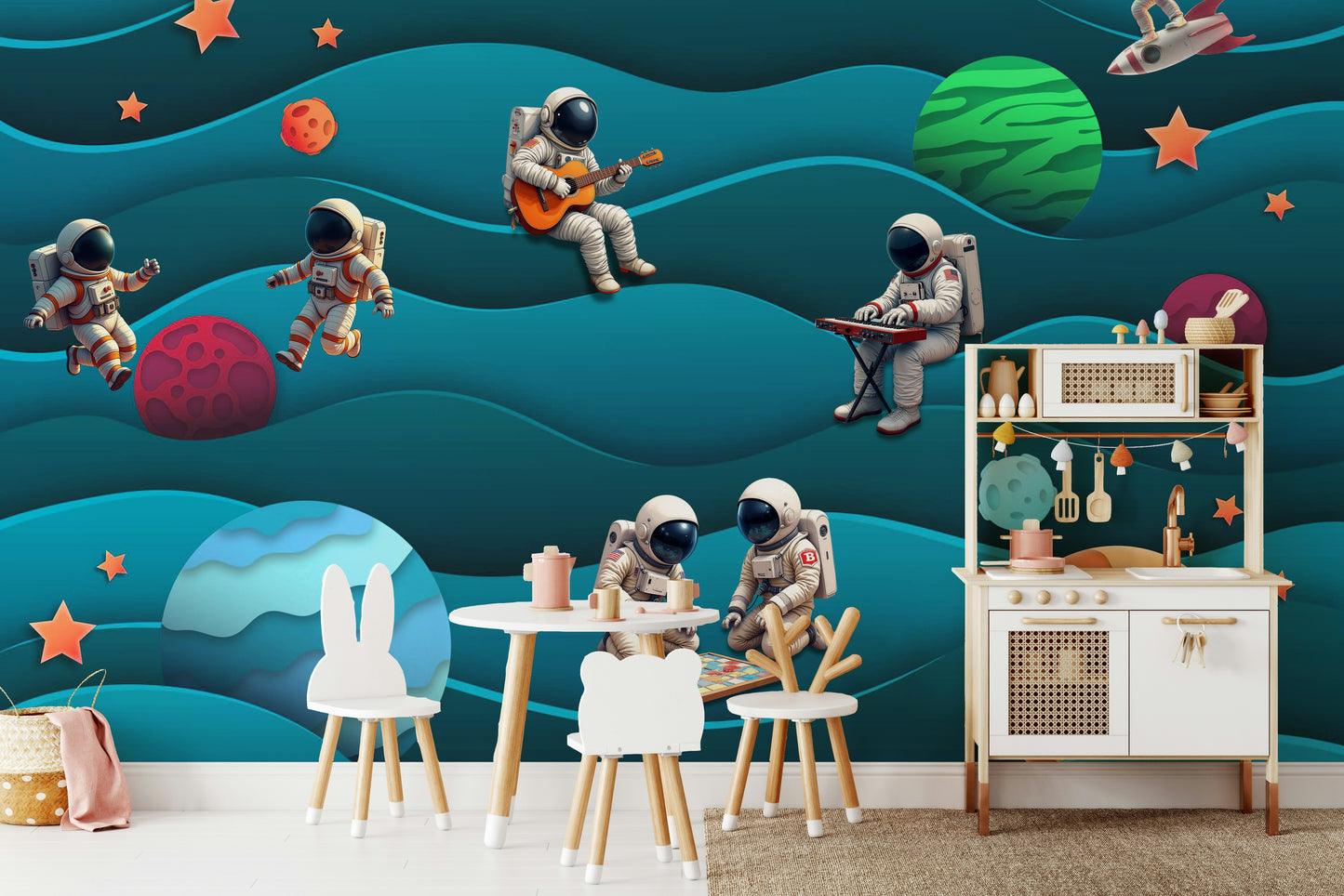 Serene space scene with friendly characters

