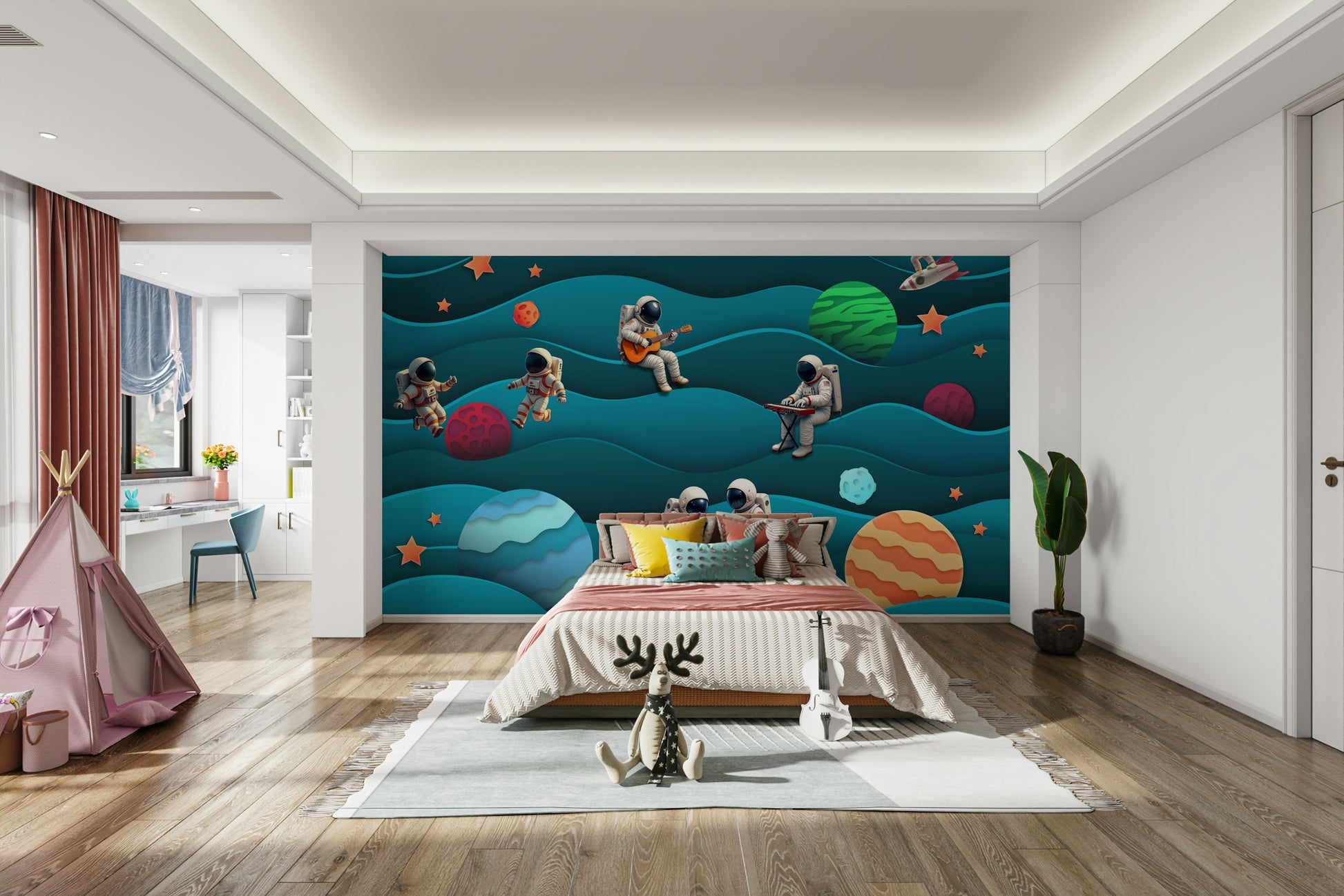Wall mural with whimsical characters and planets

