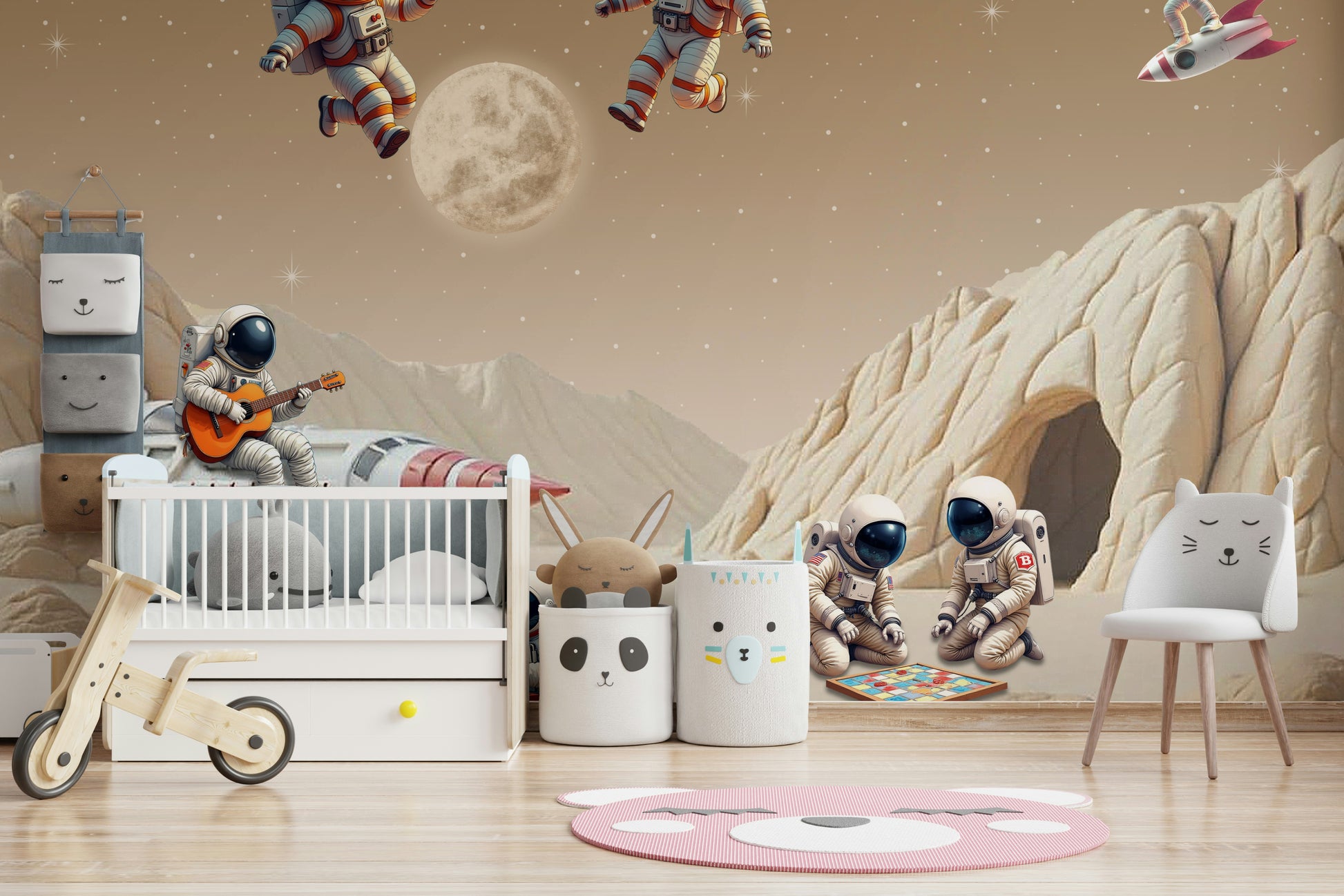 Serene space scene with friendly characters

