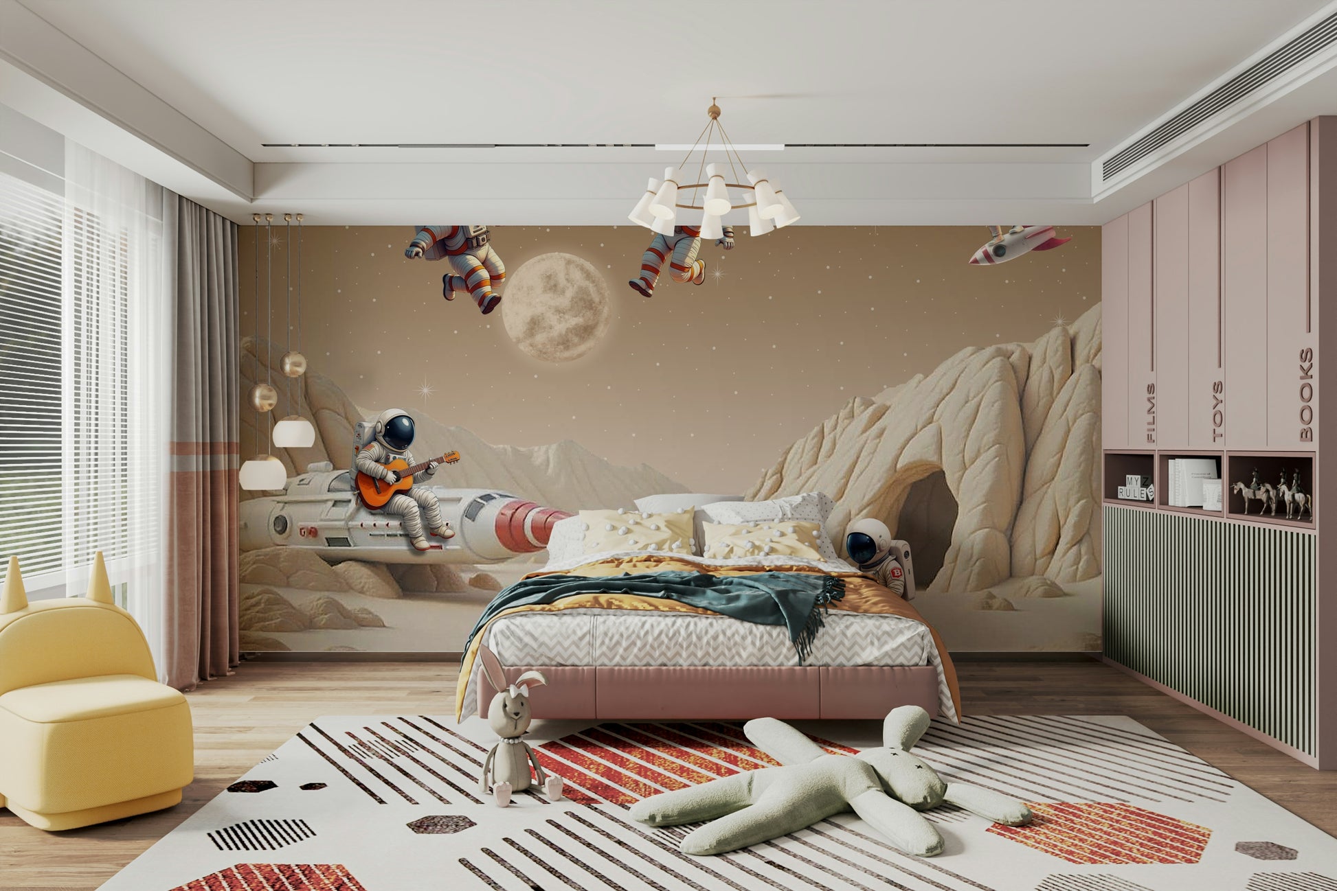 Wall mural with whimsical characters and planets

