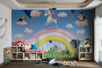Wall mural with whimsical characters and clouds

