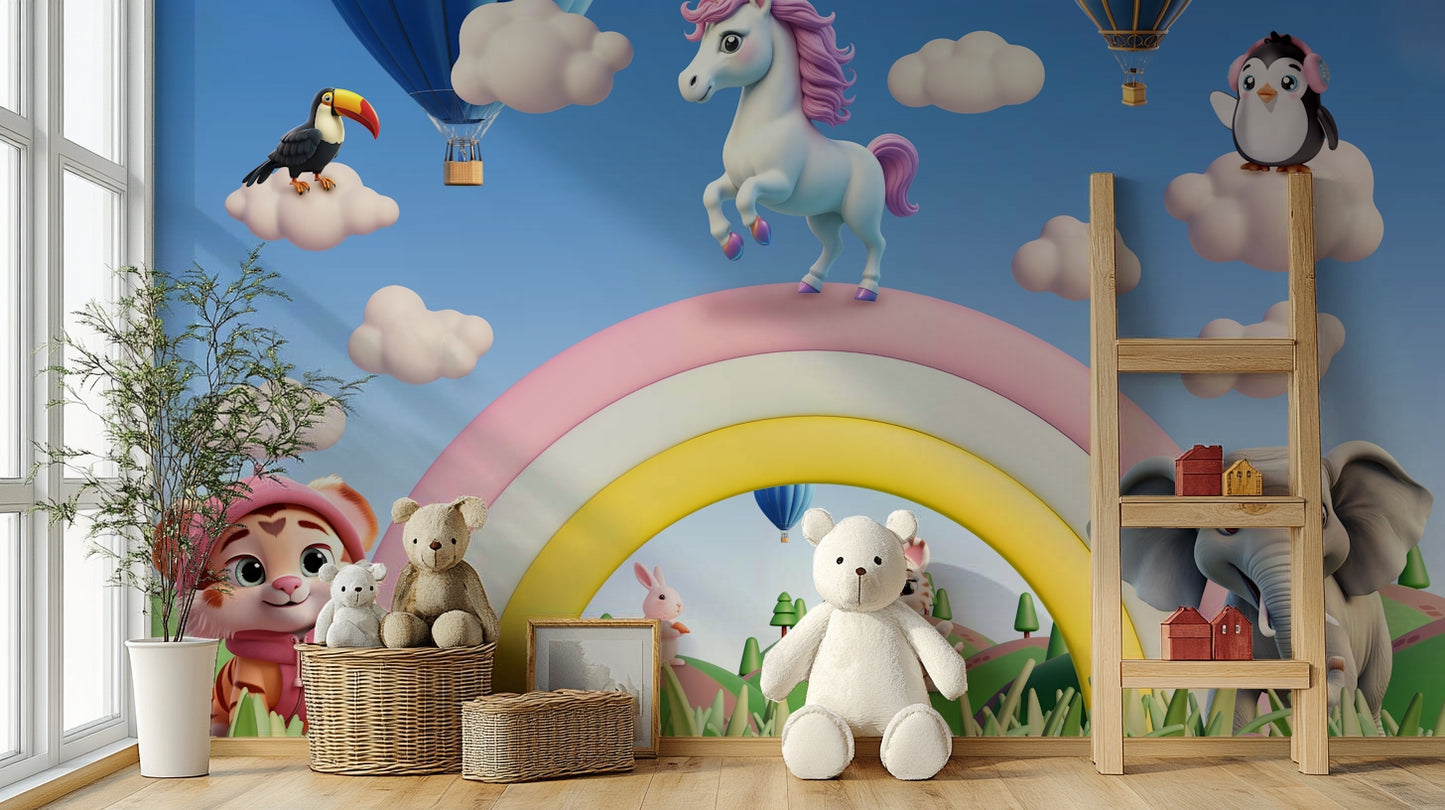 Scenic wallpaper with cartoon clouds and sun

