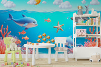 Scenic wallpaper with schools of cartoon fish

