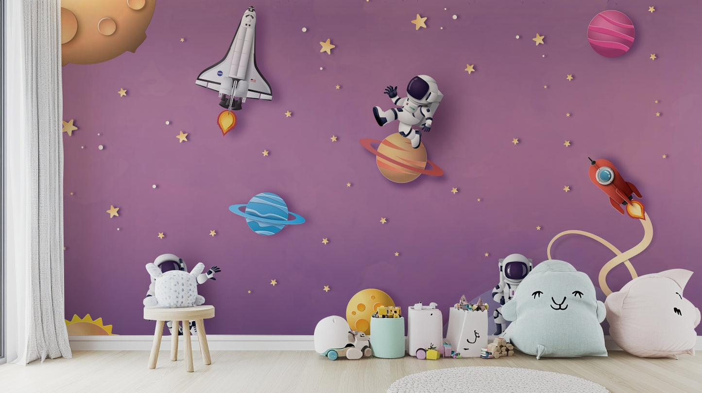 A peaceful wall mural with a celestial and whimsical design.

