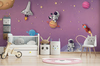 The design features a group of friendly characters in a cosmic setting.

