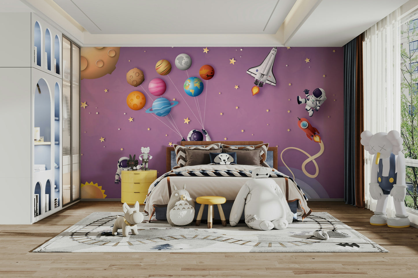 The design features graceful, peaceful stars and planets.

