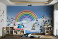 The design features a snowy winter scene with a rainbow color palette.

