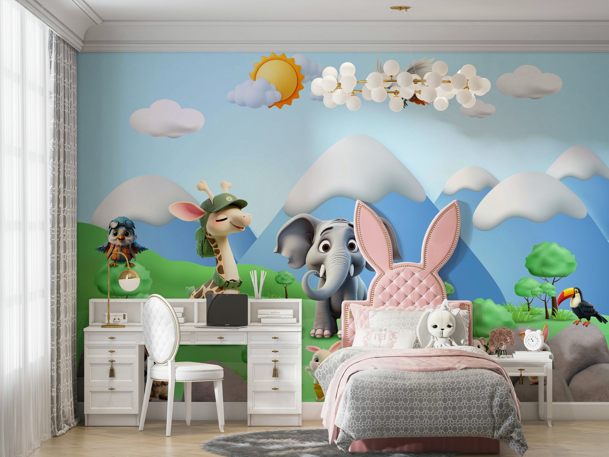 A peaceful wall mural with a playful cartoon animal design.

