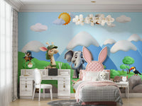 A peaceful wall mural with a playful cartoon animal design.

