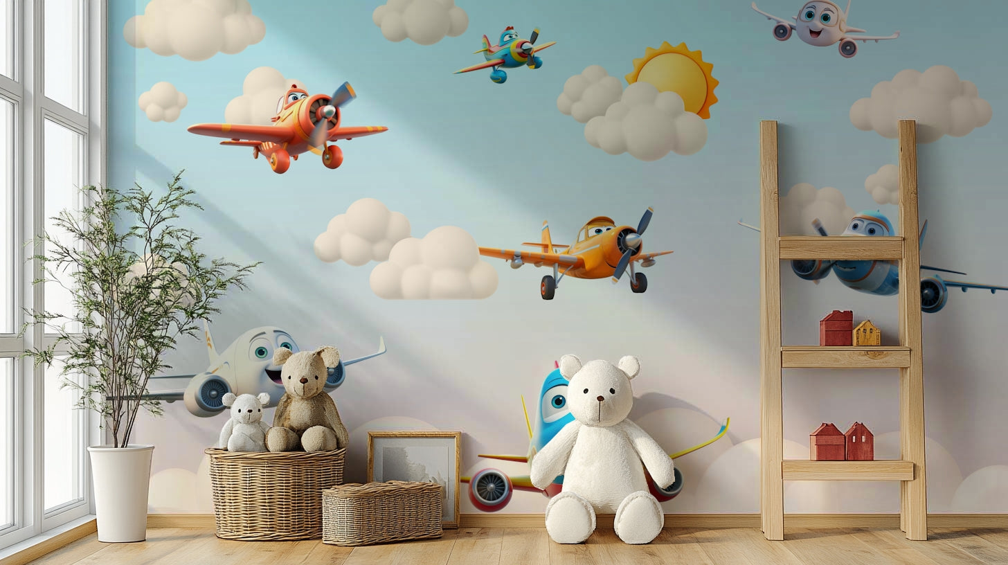 The design features graceful, friendly airplanes flying among clouds.

