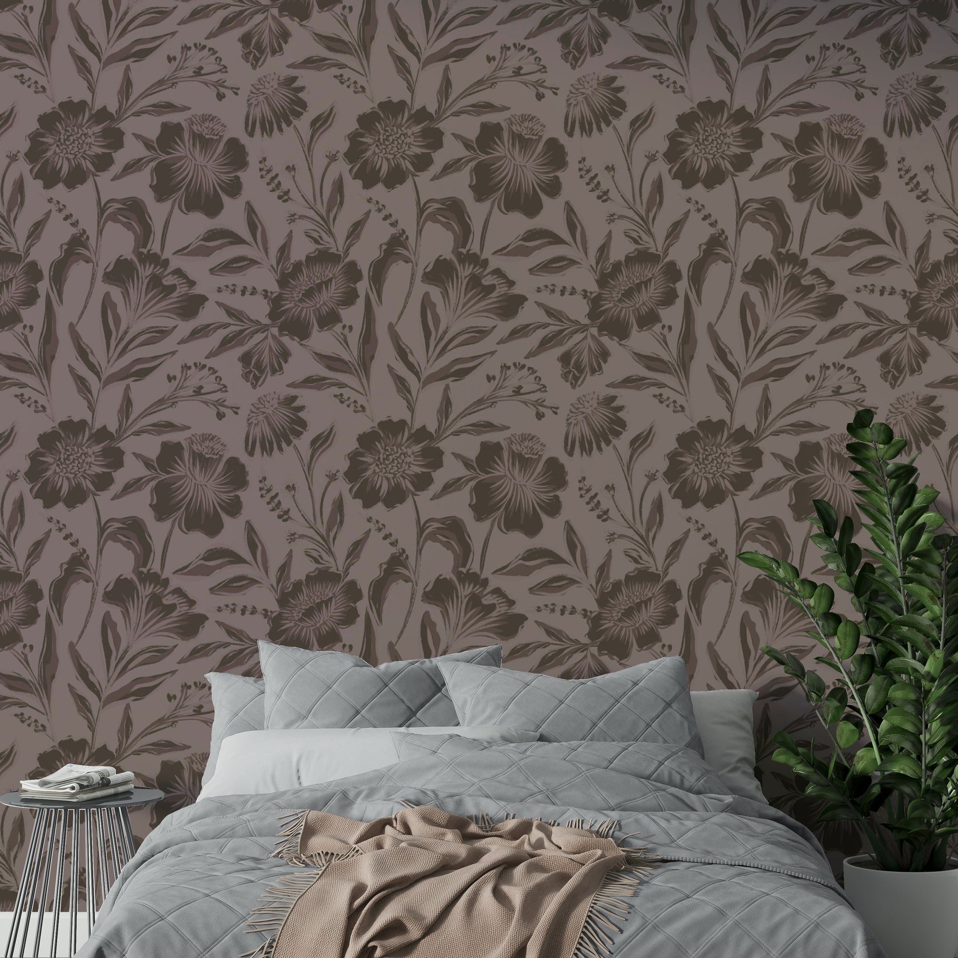 A full-wall mural showing a botanical pattern.
