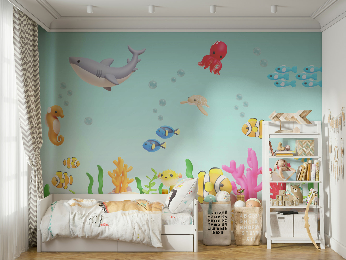 A full-wall mural of a tranquil underwater scene.
