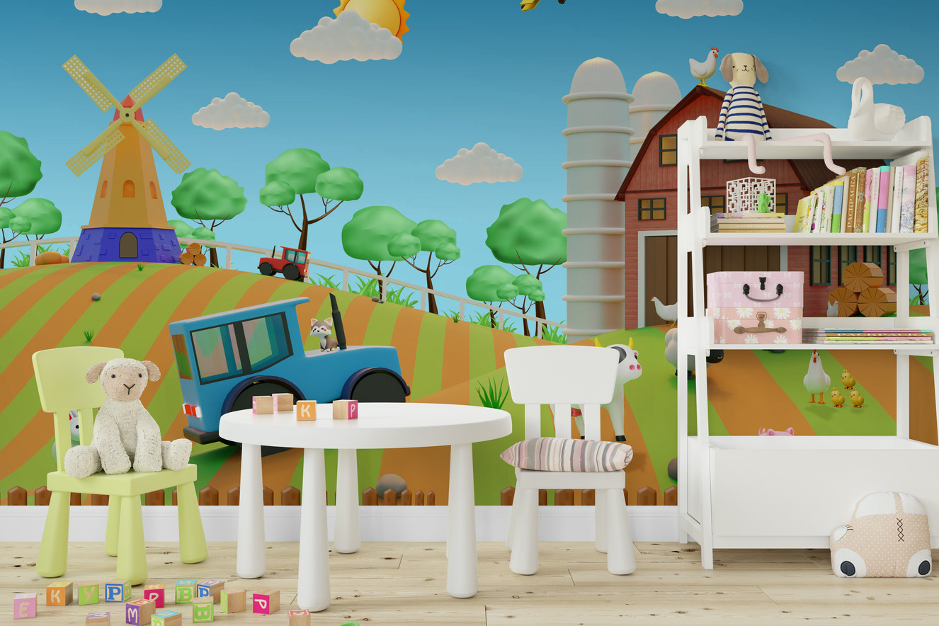 A full-wall mural of a happy, cartoon farm scene.
