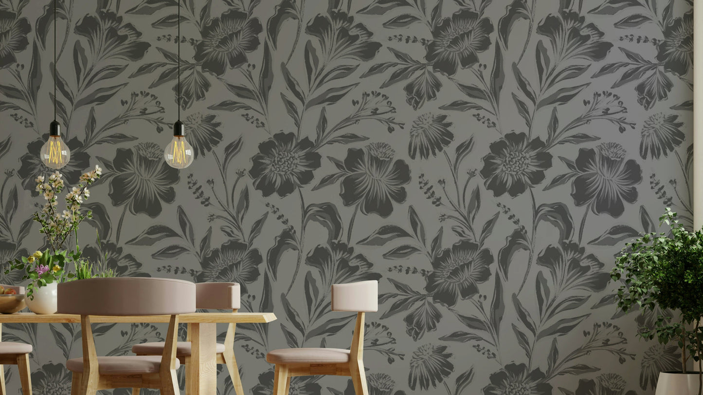 A full-wall mural showing a subtle floral pattern.
