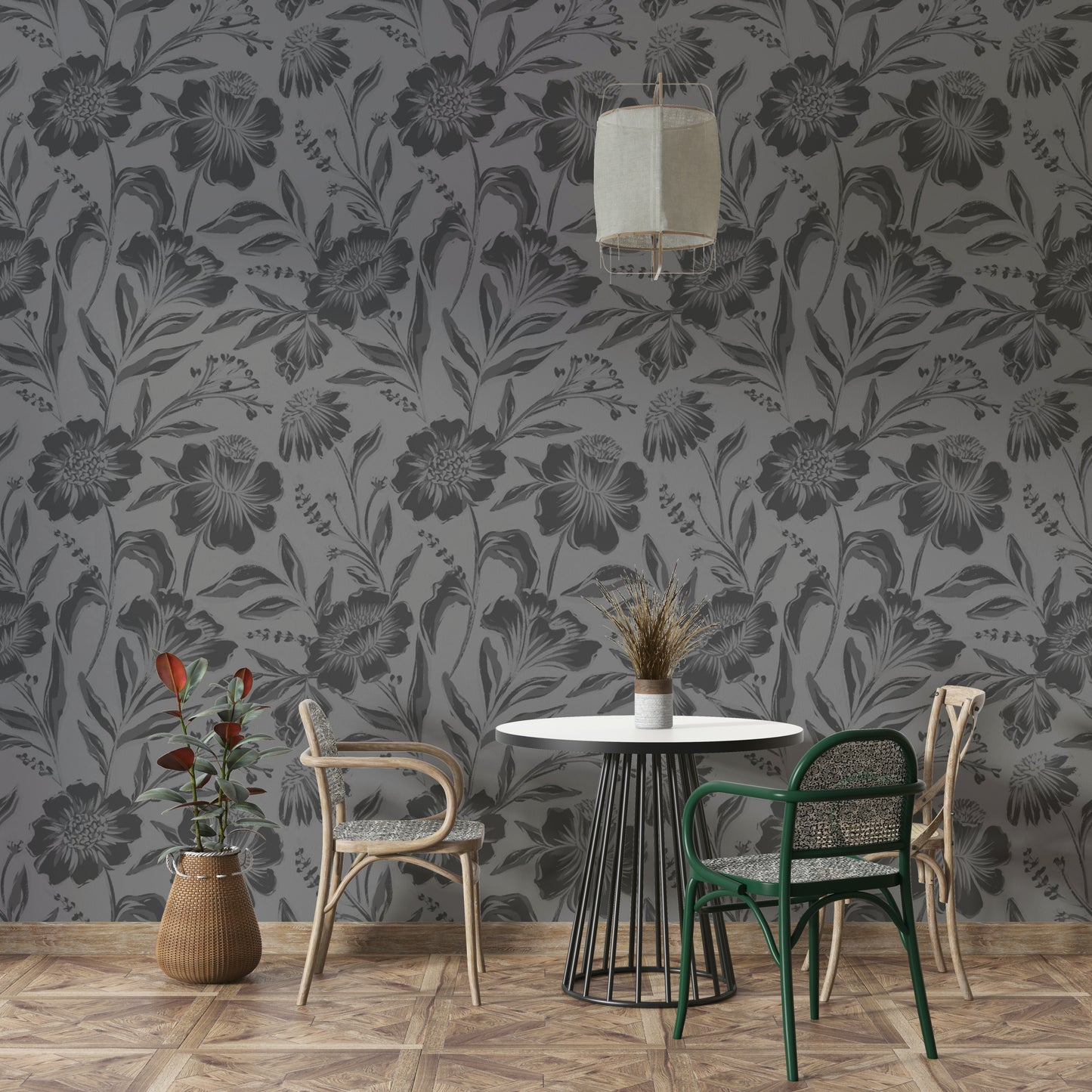 The mural is created for an entire wall, providing a gentle backdrop.
