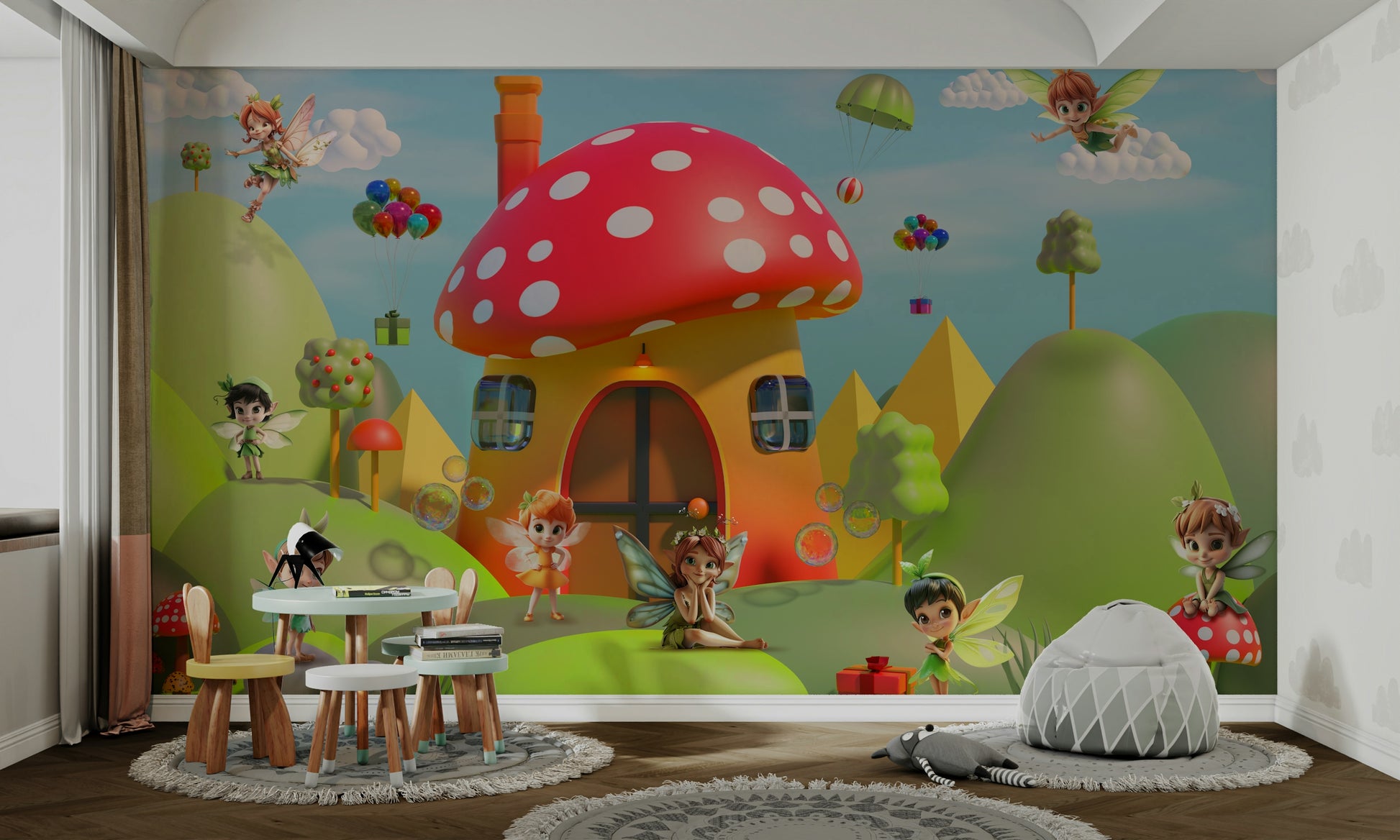 The composition is balanced and has a whimsical, yet serene feel.
