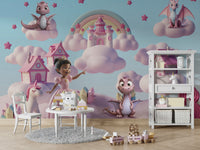 The landscape below is a mix of green fields and candy-cane forests.
