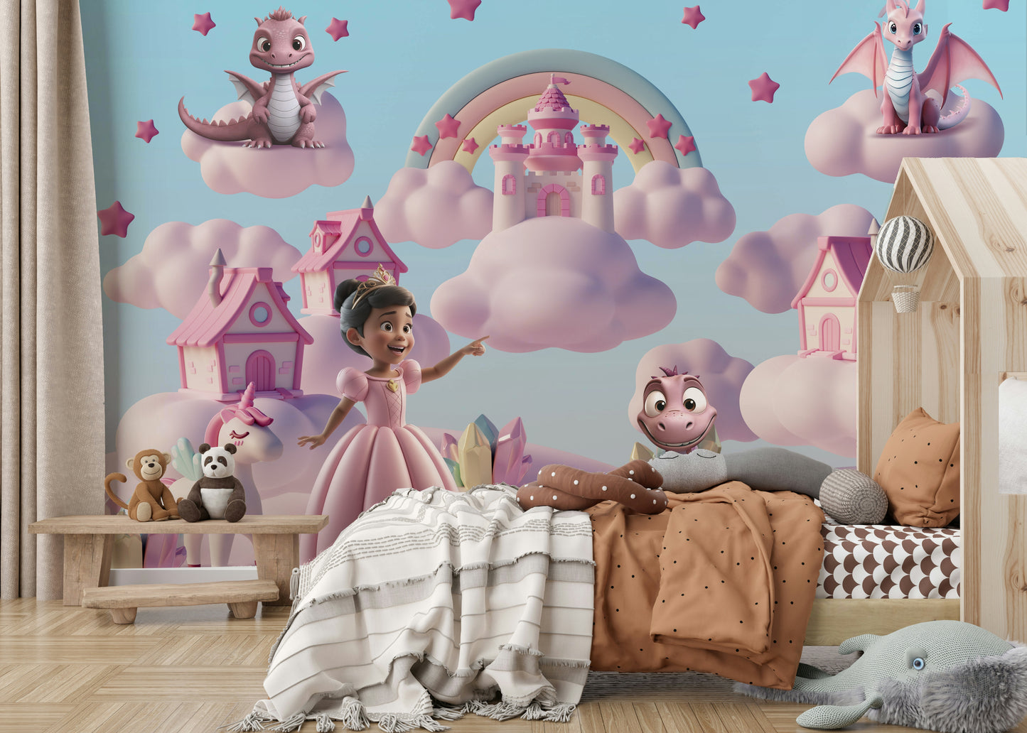 A full-wall mural of a fantastical, cartoon landscape.
