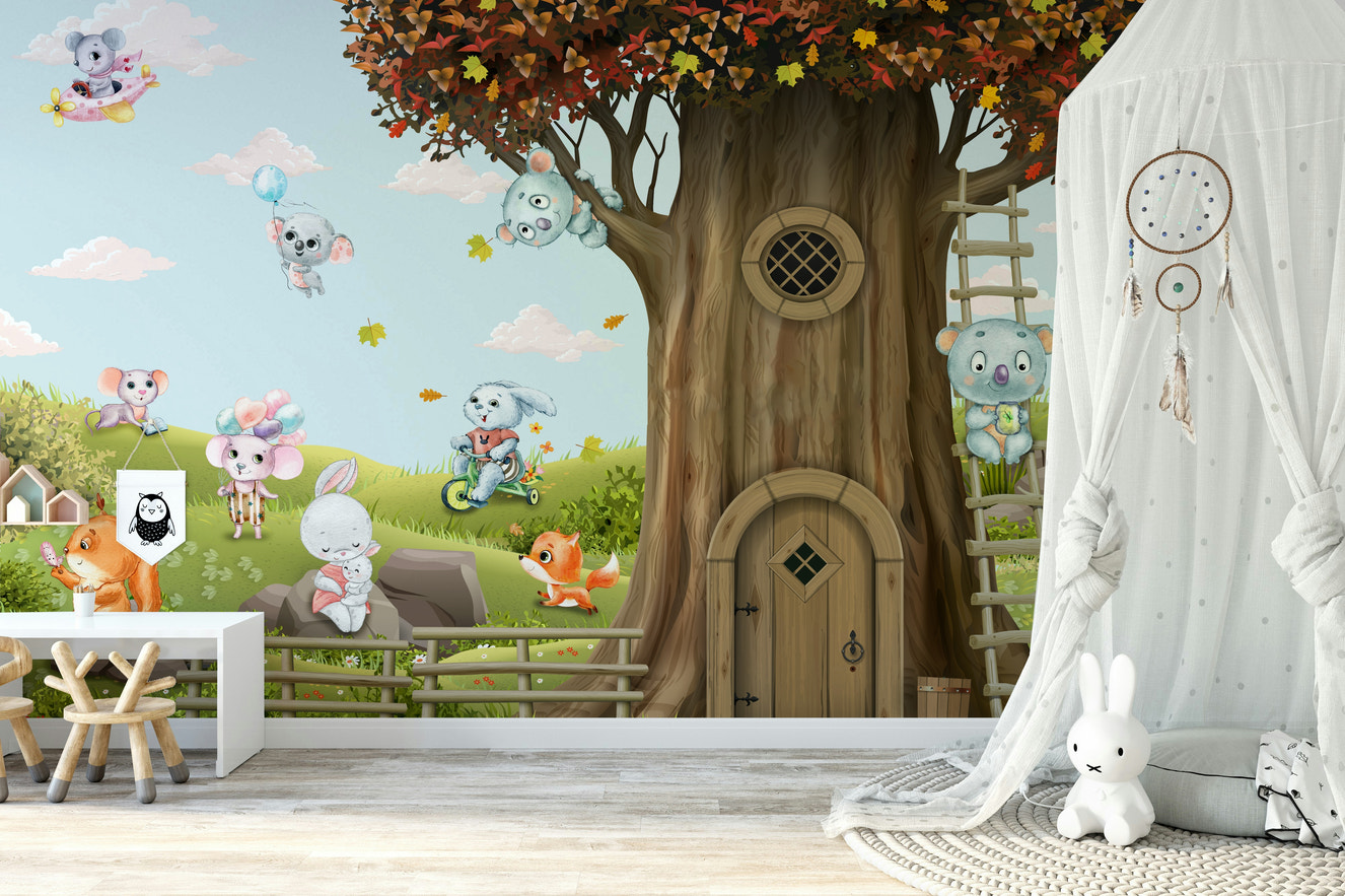 A full-wall mural of a peaceful forest scene with friendly animals.
