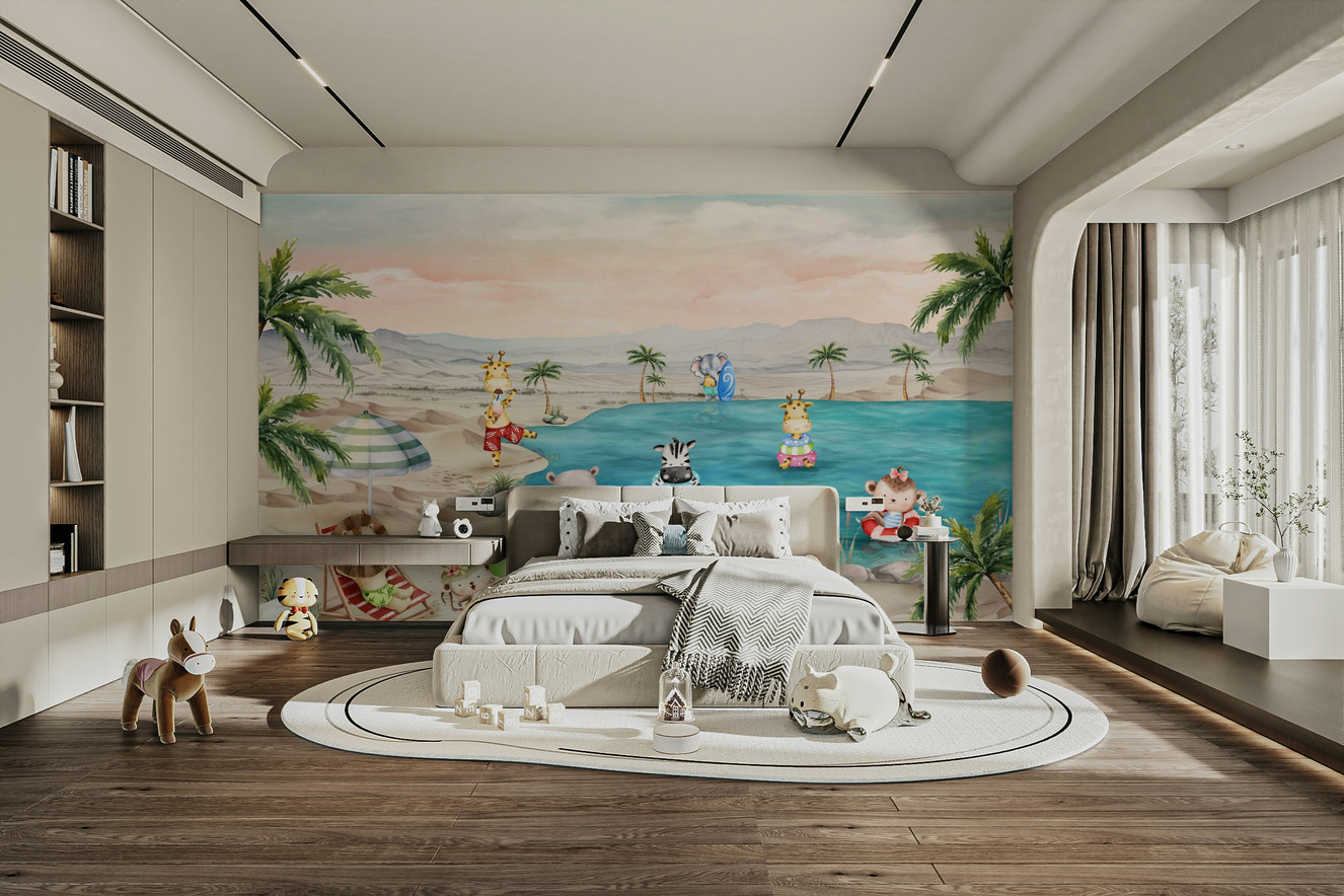 A full-wall mural of a calm, underwater or beach scene.
