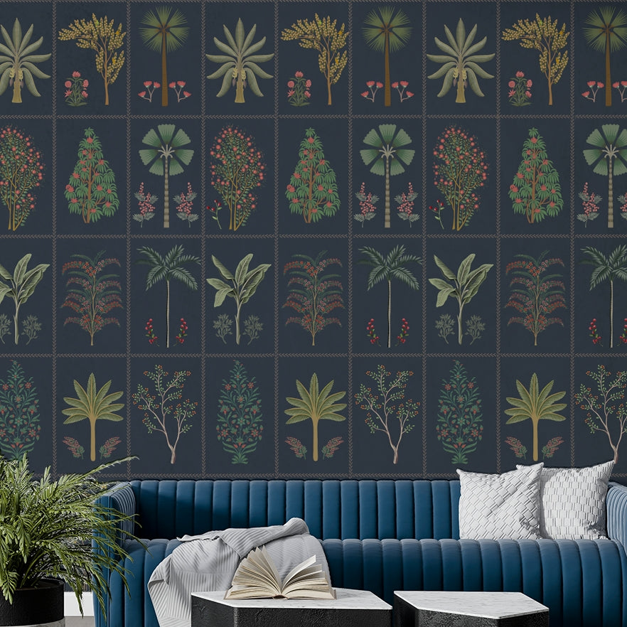 The image features large, stylized plant elements.
