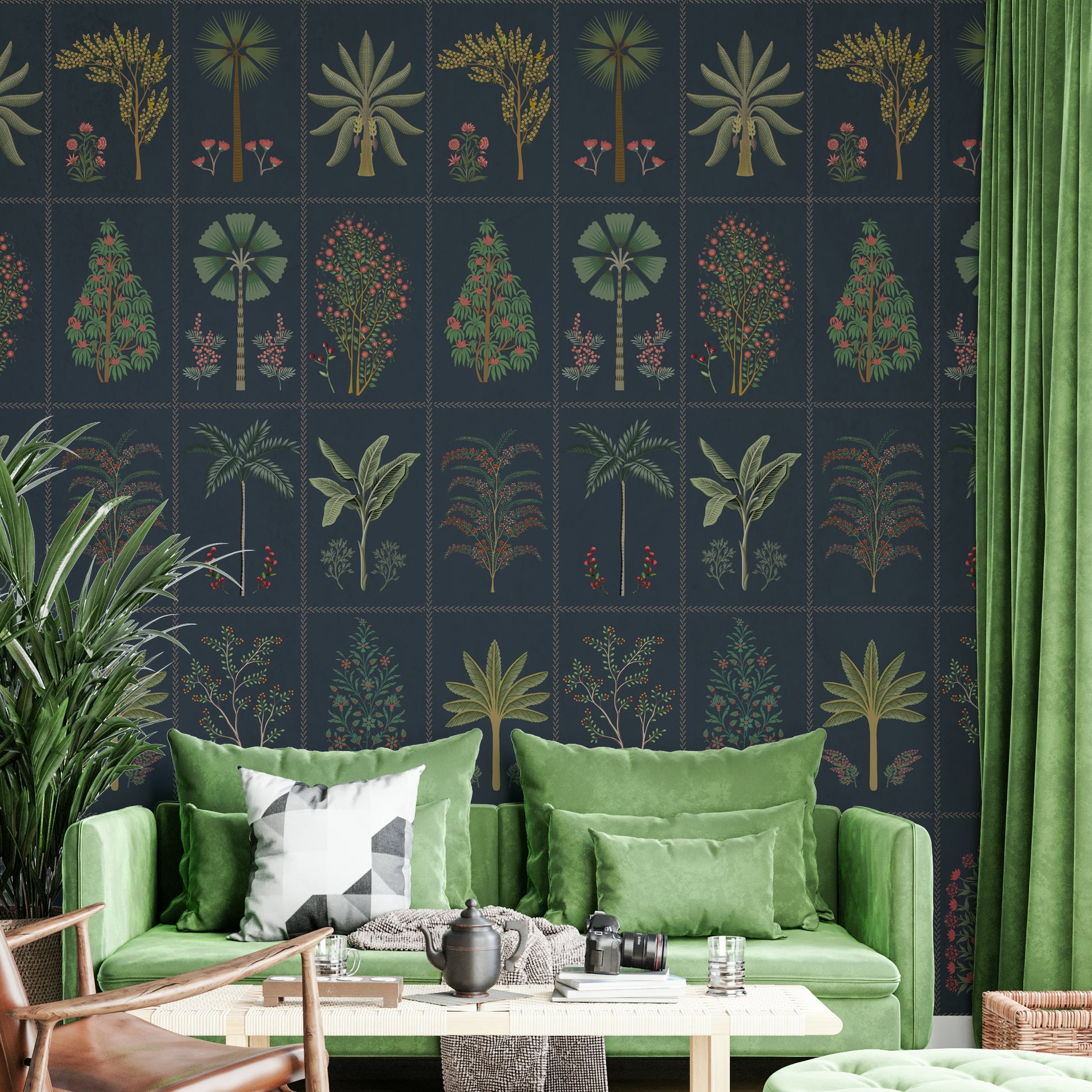 The mural is created for an entire wall, providing a modern, tiled look.
