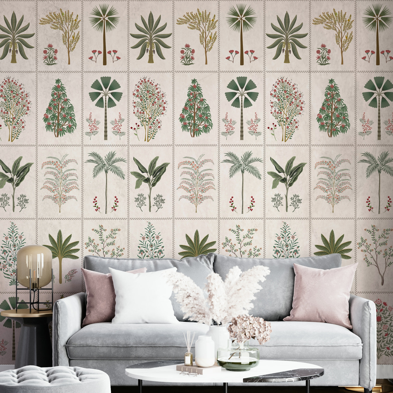 A full-wall mural of a botanical pattern.
