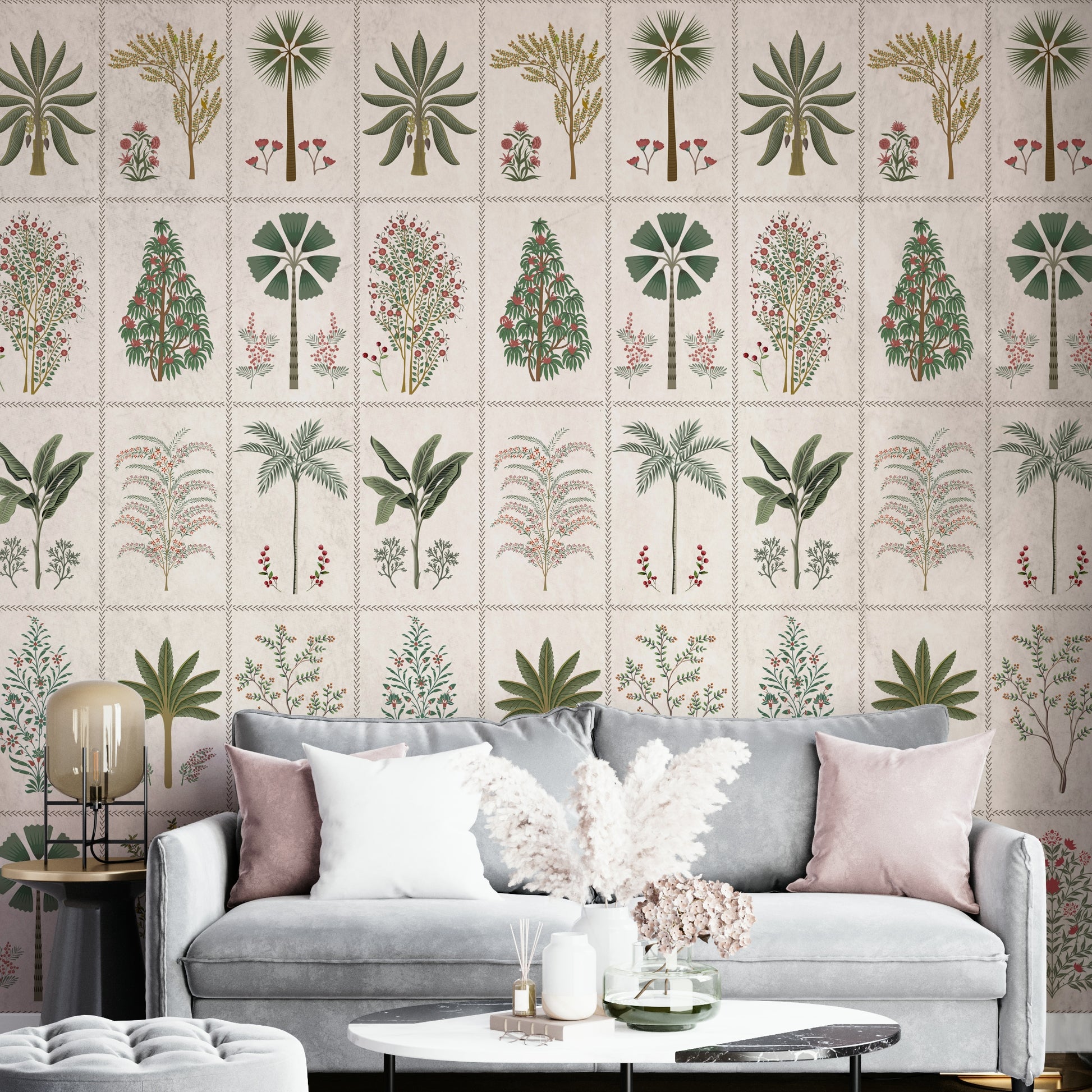 A full-wall mural of a botanical pattern.

