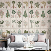 A full-wall mural of a botanical pattern.
