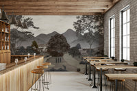 In the distance, there are a few scattered trees.
