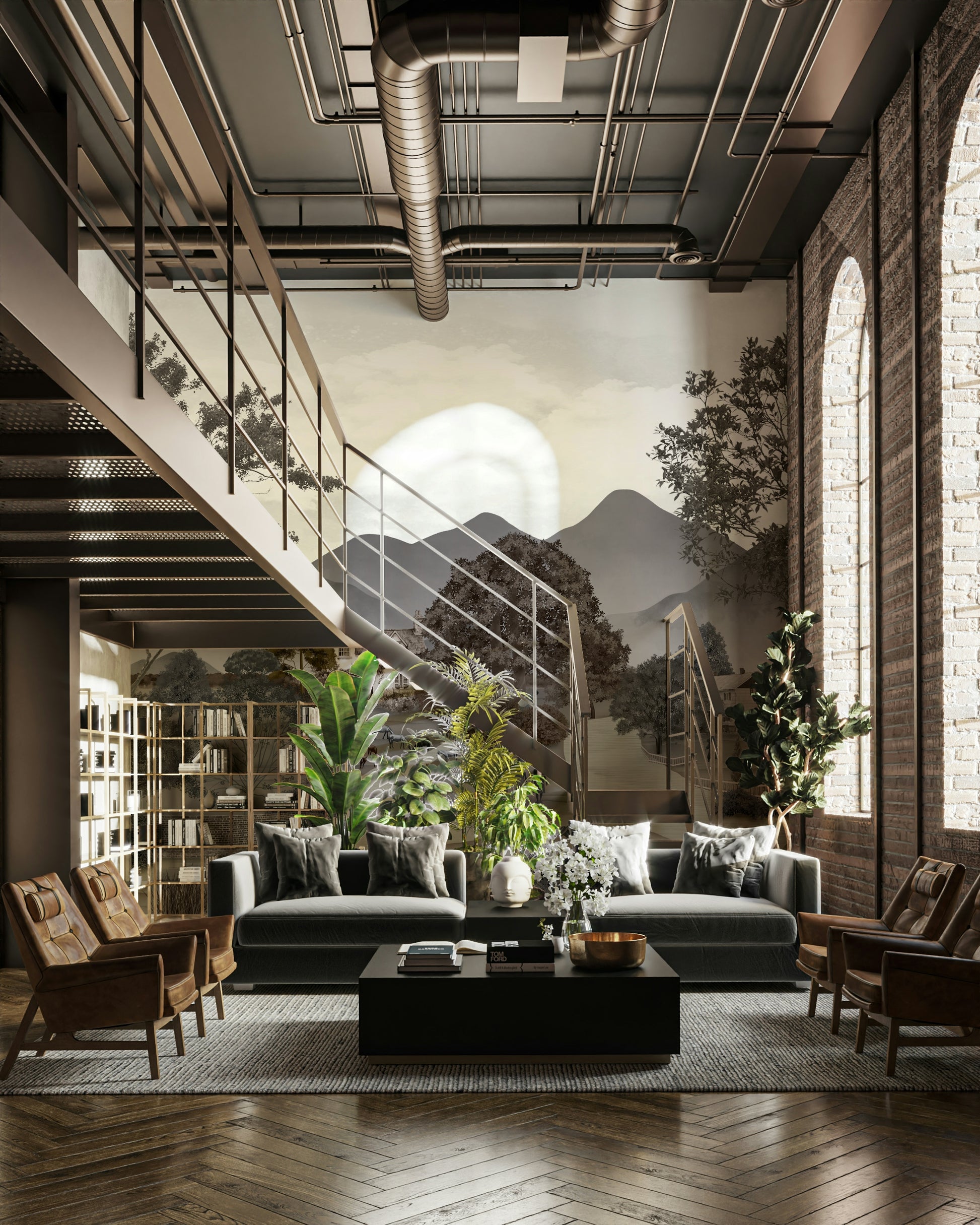 The mural is created for an entire wall, providing an immersive feel.
