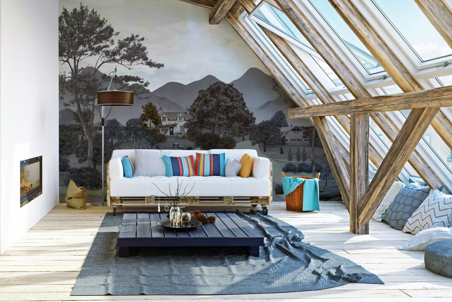 A full-wall mural of a serene rural landscape.

