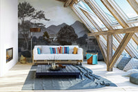 A full-wall mural of a serene rural landscape.
