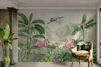 The flamingos are depicted elegantly and are a focal point.
