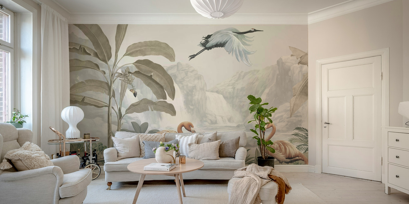 A full-wall mural of a peaceful tropical scene.
