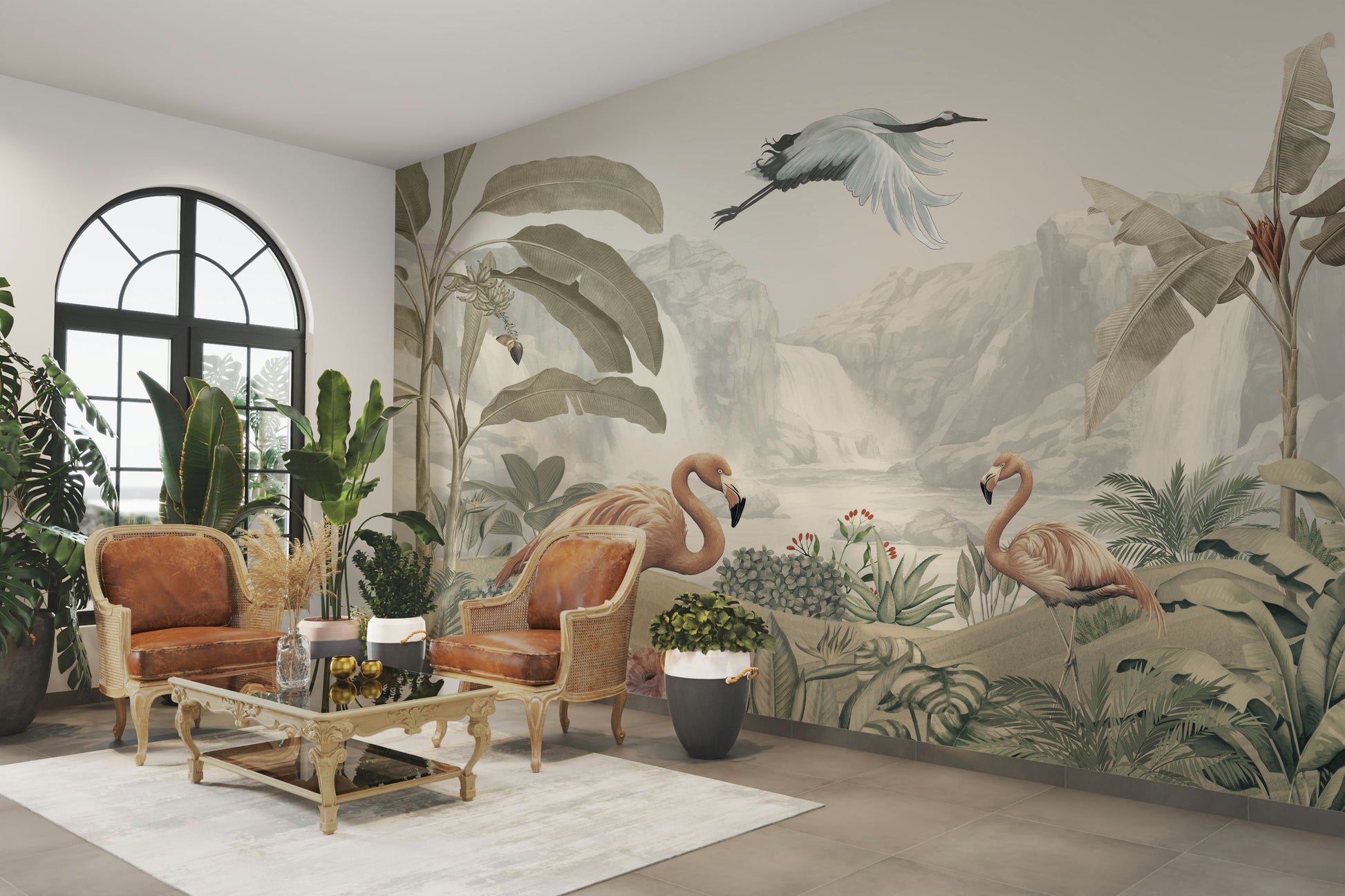 The flamingos are depicted gracefully, some standing, some with heads lowered.
