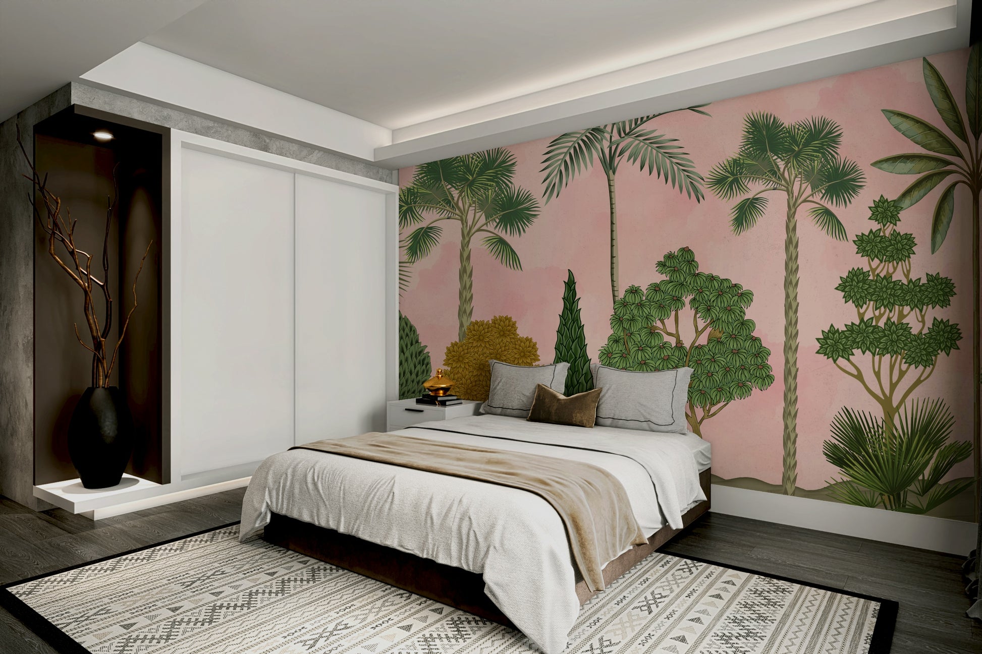 The floral motifs are scattered across the wall, not a repeating grid pattern.
