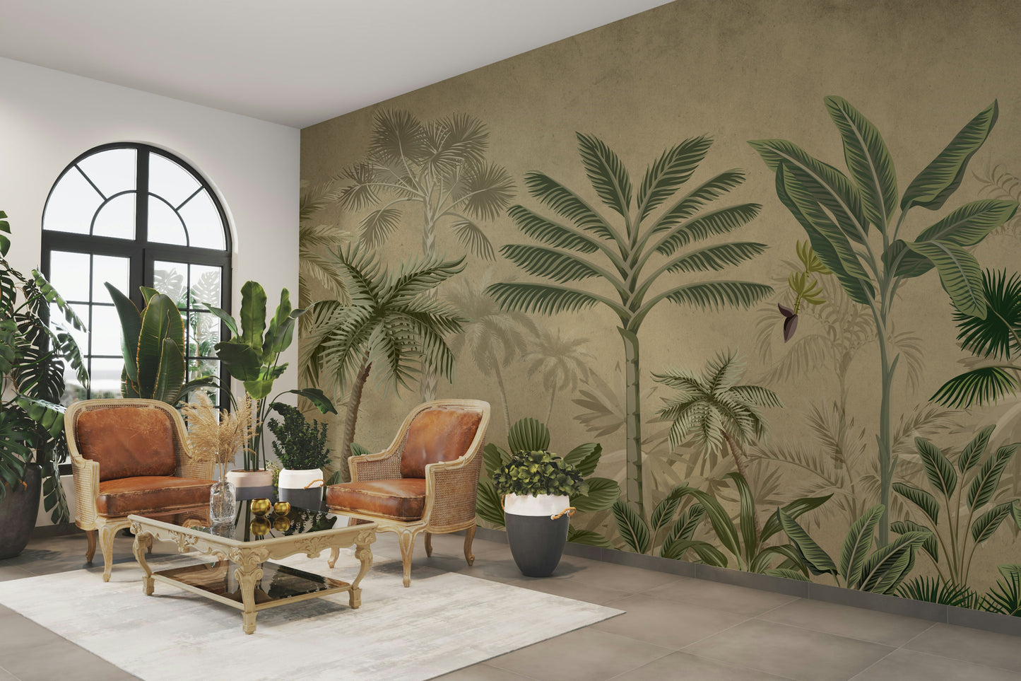 The design features a repeating pattern of soft, delicate palm leaves.

