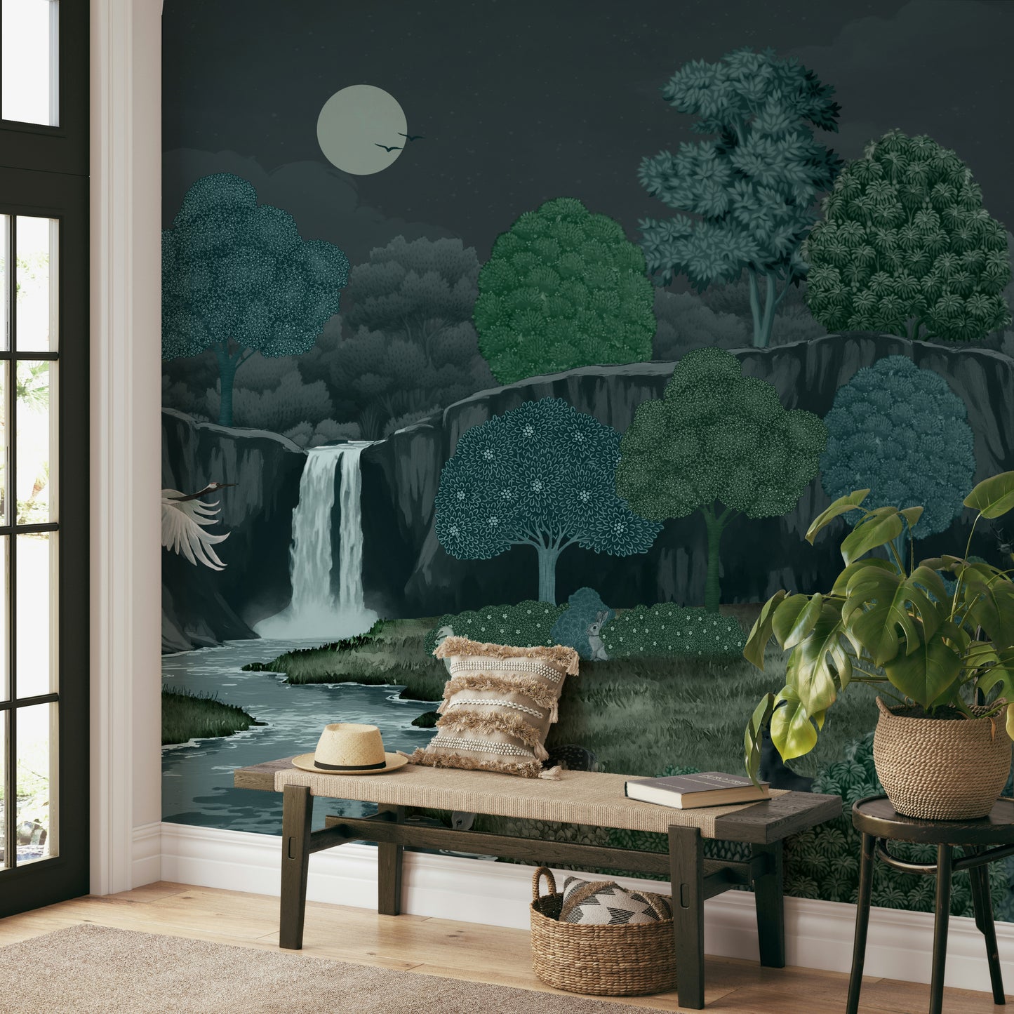 The design features a serene, moonlit landscape.

