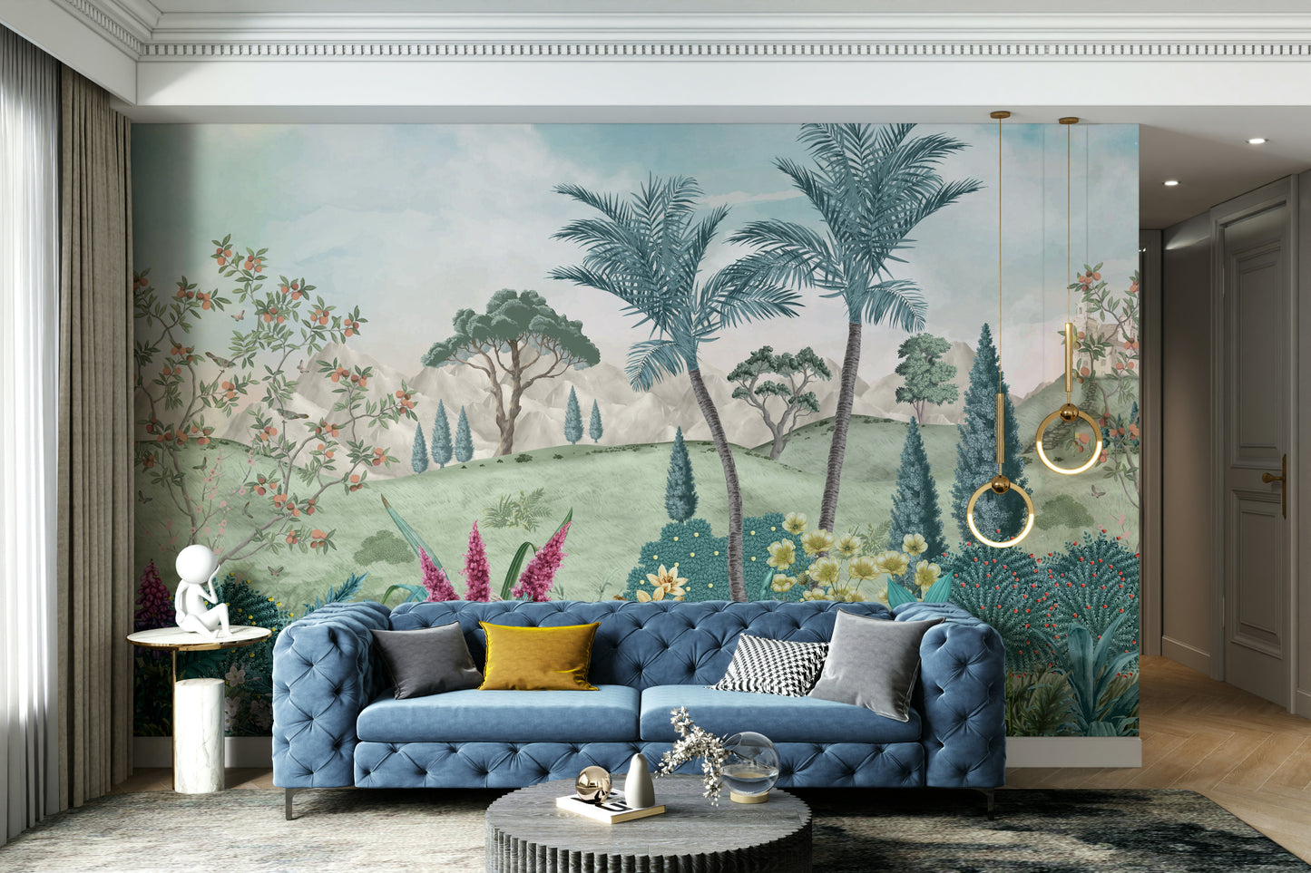 A peaceful wall mural with an organic, botanical design.

