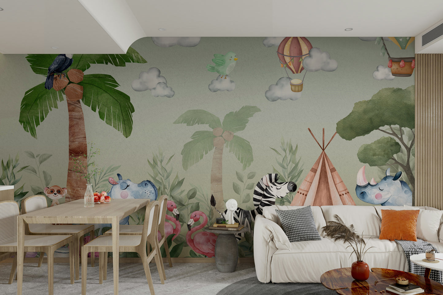 The design features a repeating pattern of soft, watercolor jungle leaves.

